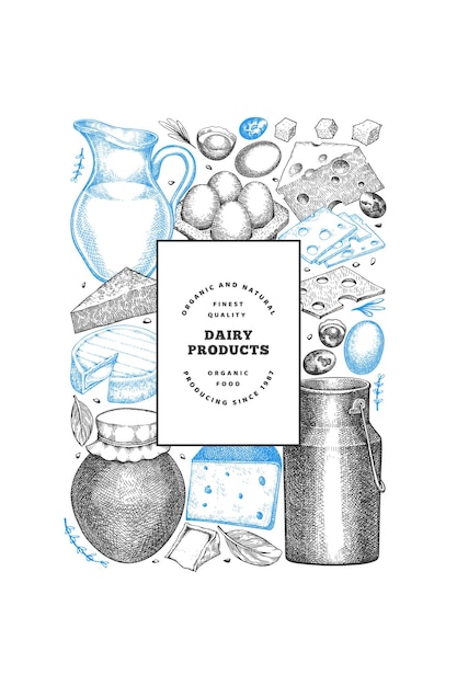 Farm food design template. Hand drawn vector dairy illustration. Engraved style different milk products and eggs banner. Retro food background.