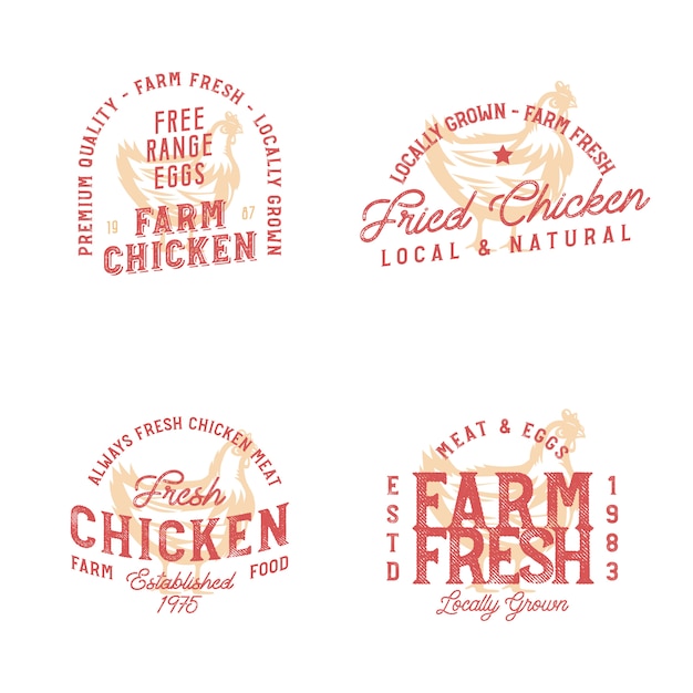 Farm fresh chicken marks. Badges in vintage style on farm theme with monochrome chicken sketch