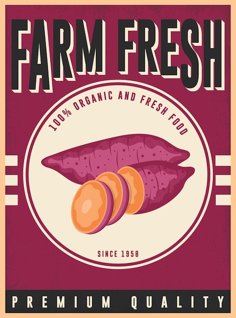 Farm Fresh Sweet potato vegetable market vintage signs retro poster vector template