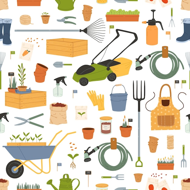 Farm gardening tools seamless pattern background