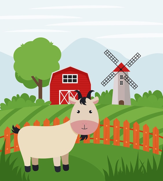 Farm goat on farmland Rural landscape Flat vector illustration of country side ranch Eps 10