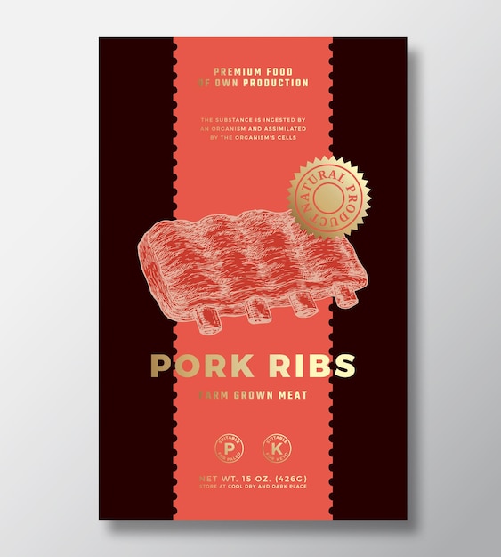 Farm Grown Pork Ribs Abstract Vector Packaging Label Design Template Modern Typography Banner Hand Drawn Meat Sketch Silhouette Color Paper Background Layout with Gold Foil Isolated