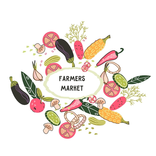 Farm harvest market banner badge or emblem design with hand drawn vegetables flat cartoon vector