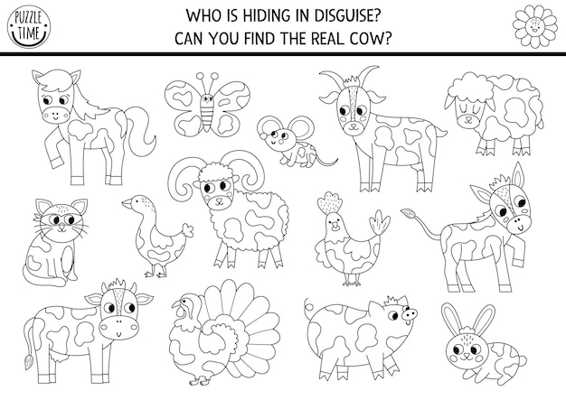 On the farm hide and seek game Black and white farm matching activity for kids Seek and find coloring page Simple printable line game with cute animals Who is hiding in disguise Find the real cowxA