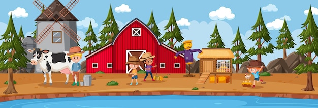 Farm horizontal landscape scene with farmer kids cartoon character