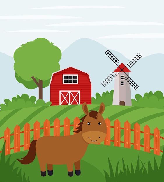 Farm horse on farmland Rural landscape Flat vector illustration of country side ranch