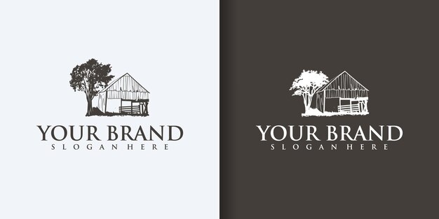 Farm House concept logo Template with farm landscape Label for natural farm products