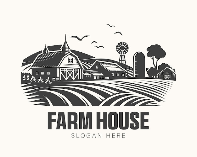 Farm House vector and farm market logo with Vintage Organic Farming Label