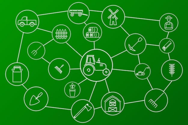 farm icons network connected isolated on green background