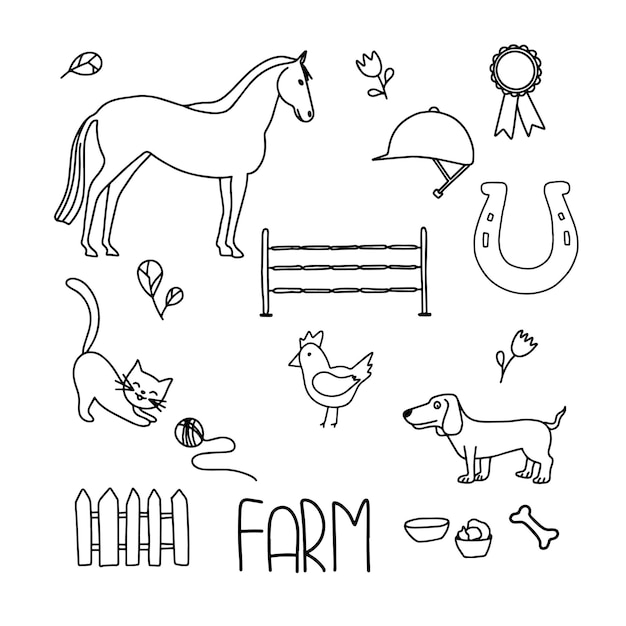 Farm icons set and lettering The set consists of a horse horseshoe riding helmet