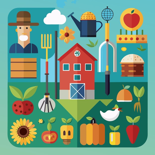 Farm illustration with red barn farmer gardening tools and produce