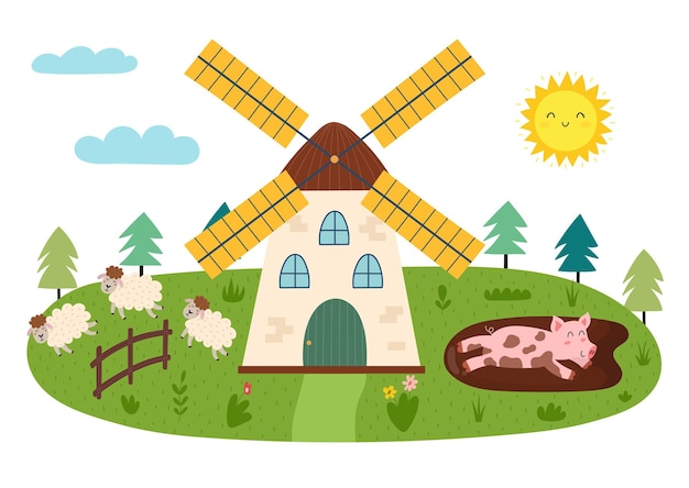 Farm landscape in cartoon style with windmill, pig and sheep. Summer green meadow