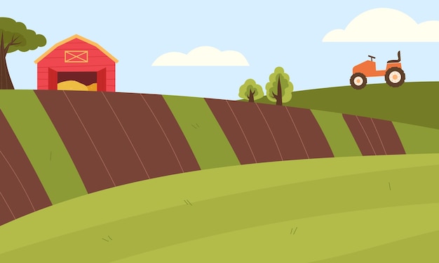 Vector farm landscape rural landscape with a farm field tractor trees