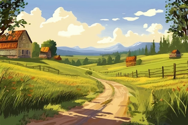 Vector farm landscape vector illustration background rural landscape clear sky nature