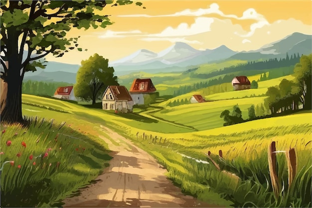 Vector farm landscape vector illustration background rural landscape clear sky nature