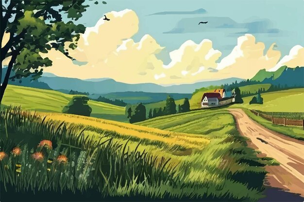 Vector farm landscape vector illustration background rural landscape clear sky nature