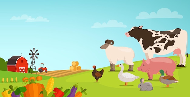 Farm landscape with domestic animals Countryside cartoon scene