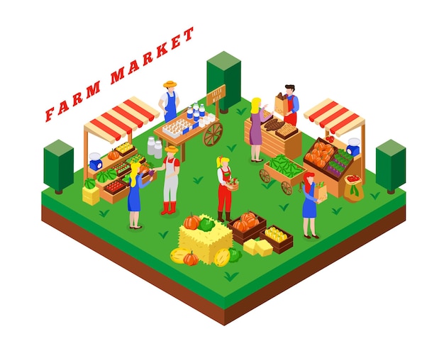 Farm local market isometric composition with text and square platform with people food products and tents  illustration