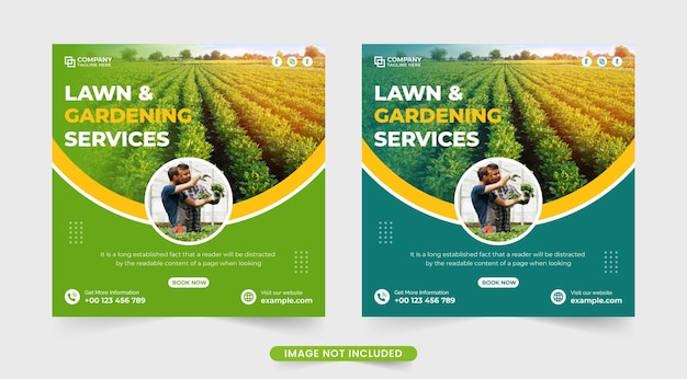 Farm management service social media post vector Agro farm and landscaping business web banner design with yellow and green colors Harvesting and gardening service advertisement template vector