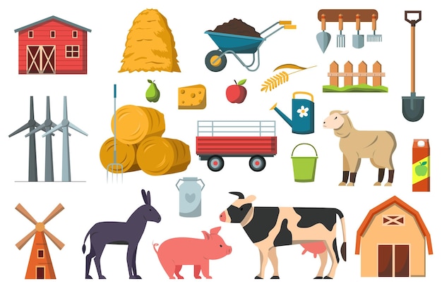 Farm multicolored icon set concept in the flat cartoon design Domestic animals and attributes