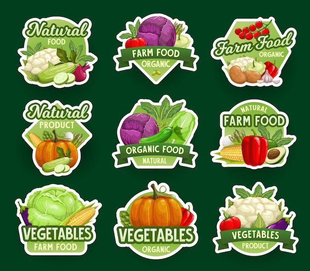 Farm natural vegetable icons and stickers, veggies