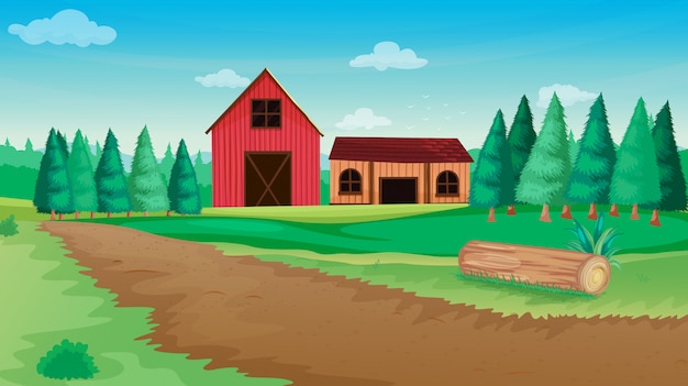 Farm in nature scene with barn and farm house