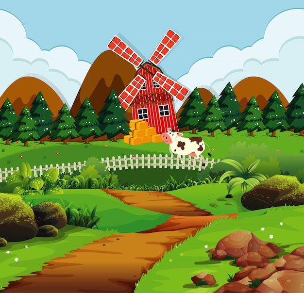 Farm in nature scene with windmill and cow