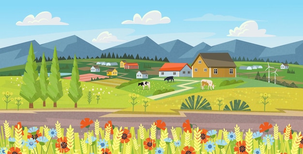 Farm panorama with fields, flowers, grass and cows