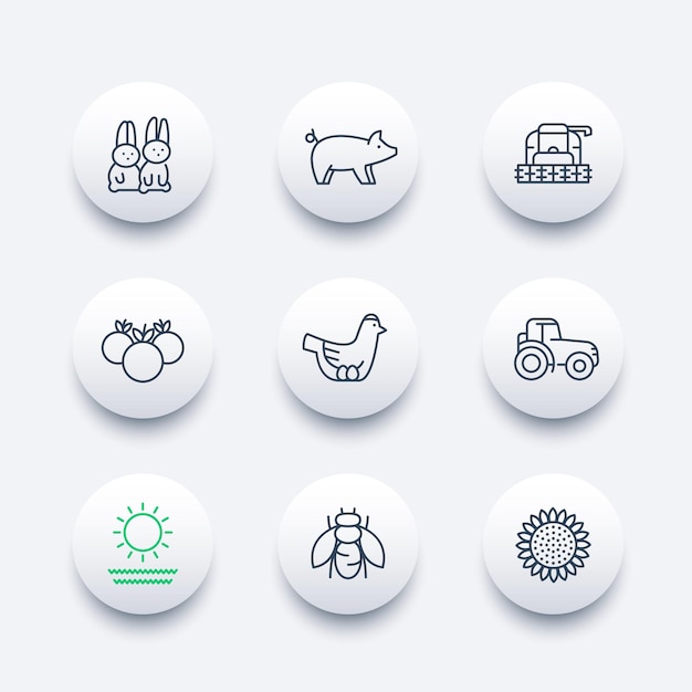 Farm, ranch line icons, tractor, harvester, hen, pig, crop, vegetables modern icons, vector illustration