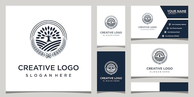 Farm, rice, tree design logo templates combined in a circle and business card design