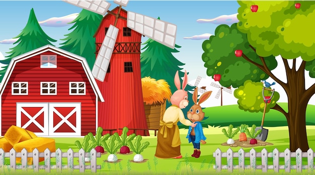 Farm scene at daytime with rabbit family