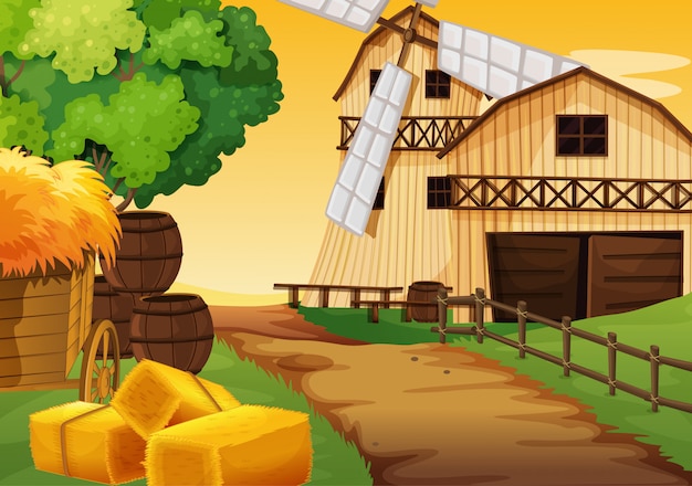 Farm scene in nature with barn and windmill