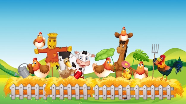 Farm scene with animal farm cartoon style