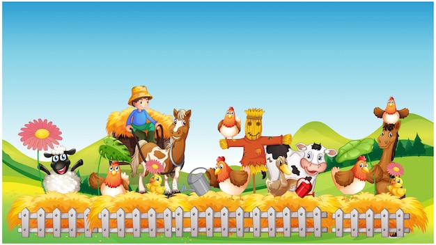 Farm scene with animal farm cartoon style