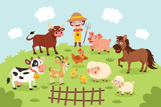 Farm Scene With Cartoon Animals