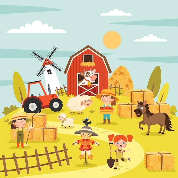 Farm Scene With Cartoon Animals