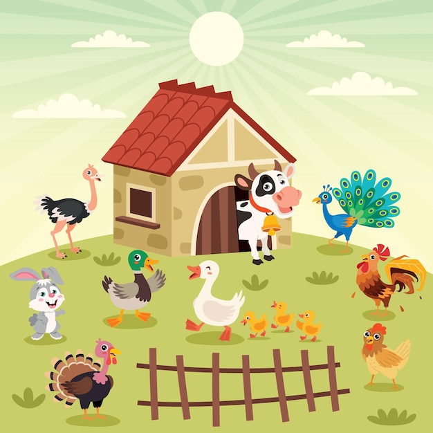 Farm Scene With Cartoon Animals