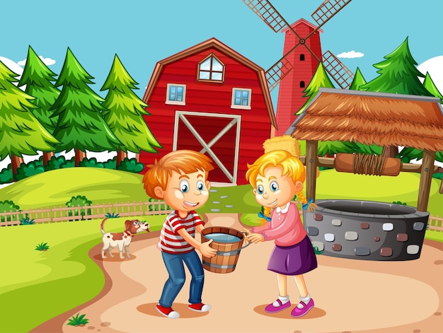 Farm scene with children holding a bucket full of water