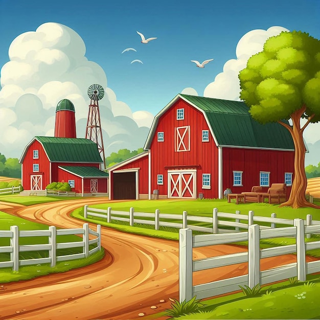 A farm scene with a red barn and a house illustration design