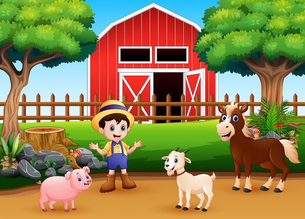 Farm scenes with different animals and farmers in the farmyard