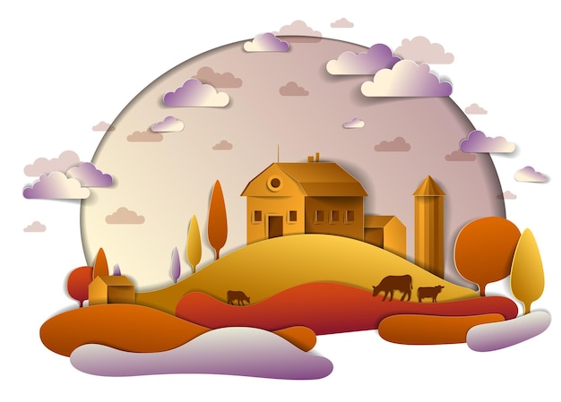 Farm in scenic autumn landscape of fields and trees and wooden country buildings, clouds in the sky, cow milk ranch, countryside fall time vector illustration in paper cut style.