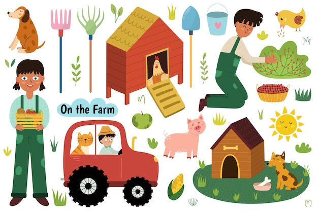 On the farm set with cute animals and kids farmers. Countryside life elements collection