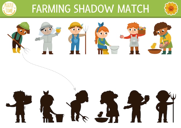 Farm shadow matching activity with cute kid farmers Country village puzzle with beekeeper market vendor dairymaid Find correct silhouette printable worksheet or game On the farm pagexA