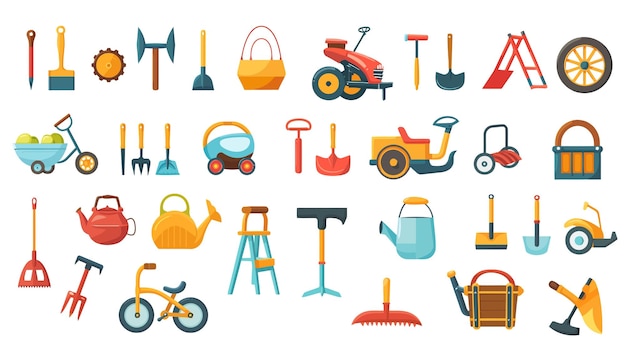 Farm tool equipment icon set cartoon style