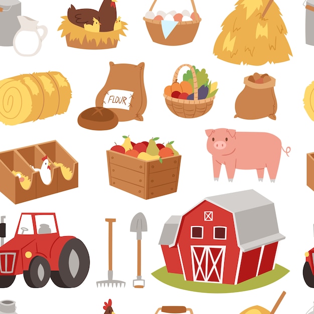 Farm  tools and symbols house, traktor cartoon farming village symbols animal and vegetables agriculture farmland illustration seamless pattern background