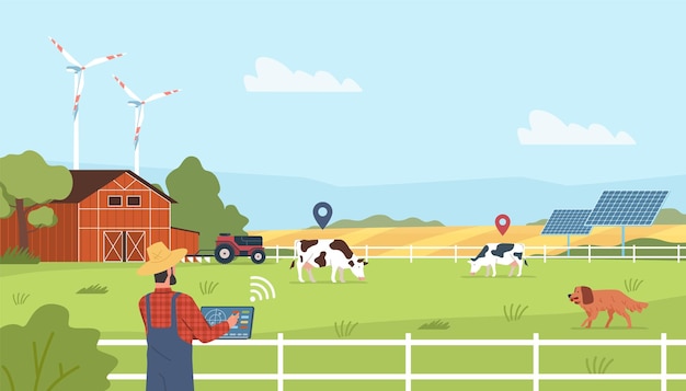 Farm tracking technologies Robotic cattle herding farmer watching cows from tablet and geo tags modern mobile agriculture smart technology in countryside vector concept