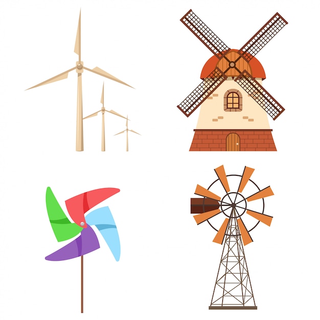 Vector farm windmill, electric wind turbine, paper pinwheel set. alternative ecology energy flat cartoon icons collection isolated on a white