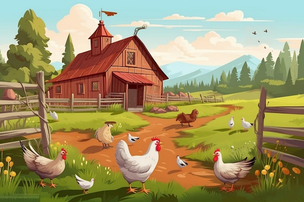 a farm with chickens and a barn in the background