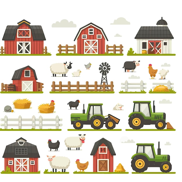 a farm with farm animals and a farm with a farm scene