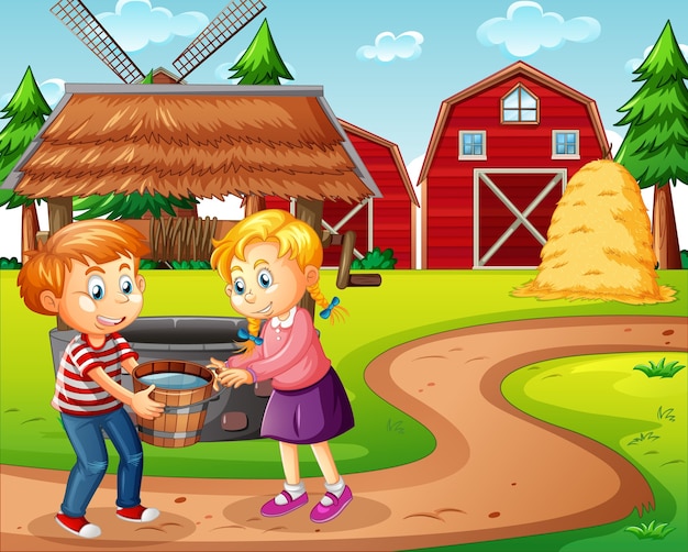 Farm with red barn and windmill scene